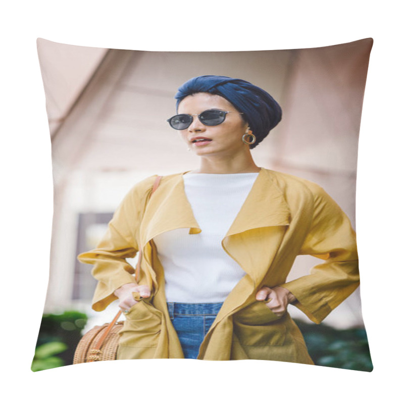 Personality  Fashion Portrait Of A Tall, Slim, Young And Attractive Malay Muslim Woman Wearing Fashionable Clothing And A Turban Pillow Covers