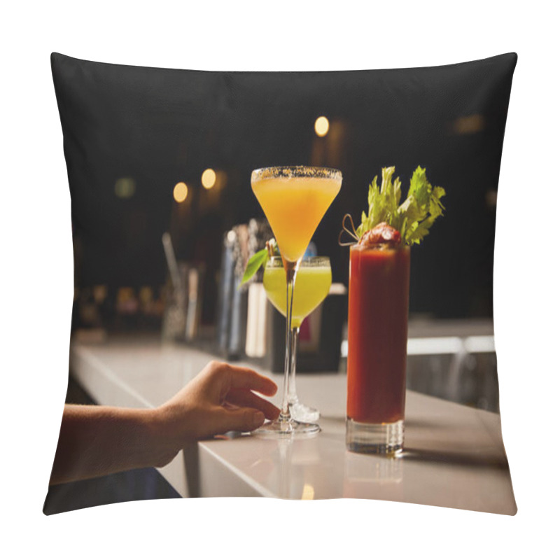 Personality  Cropped View Of Woman Touching Margarita Glass With Cold Cocktail On Bar Counter  Pillow Covers