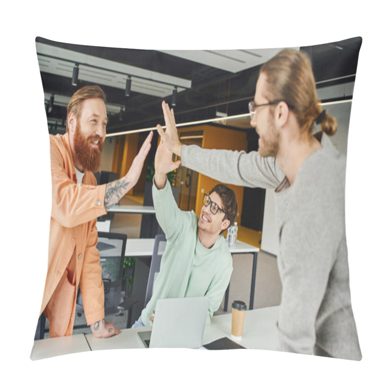 Personality  Excited Business Team, Bearded Tattooed Man And Colleagues In Eyeglasses Giving High Five While Confirming Agreement Near Laptop In Modern Coworking Office, Concept Of Successful Collaboration Pillow Covers