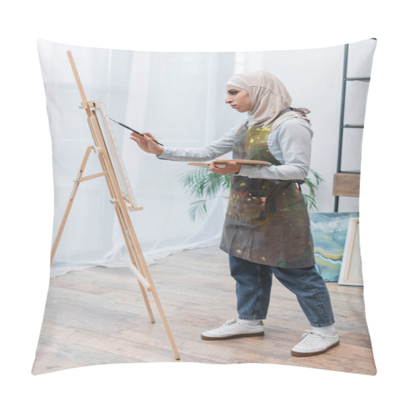 Personality  Full Length View Of Arabian Woman In Hijab And Apron Drawing At Home Pillow Covers