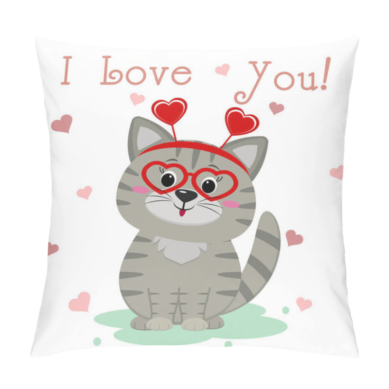 Personality  Congratulations On Valentine S Day. Cute Gray Kitten In Glasses With Hearts And A Bezel Sits On The Background Of Hearts. Text I Love You. Flat Design, Cartoon Style, Vector Pillow Covers