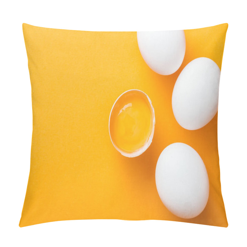 Personality  Top View Of Smashed Chicken Egg With Yolk On Bright Orange Background Among White Whole Eggs Pillow Covers