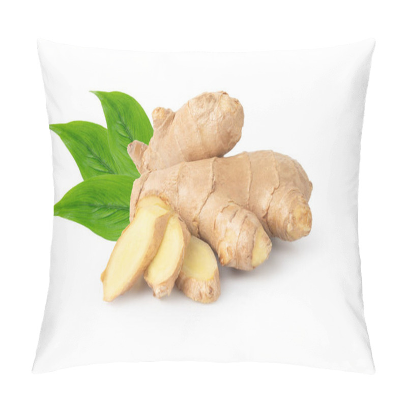 Personality  Fresh Ginger Rhizome With Sliced And Green Leaves Isolated On White Background With Clipping Path. Pillow Covers