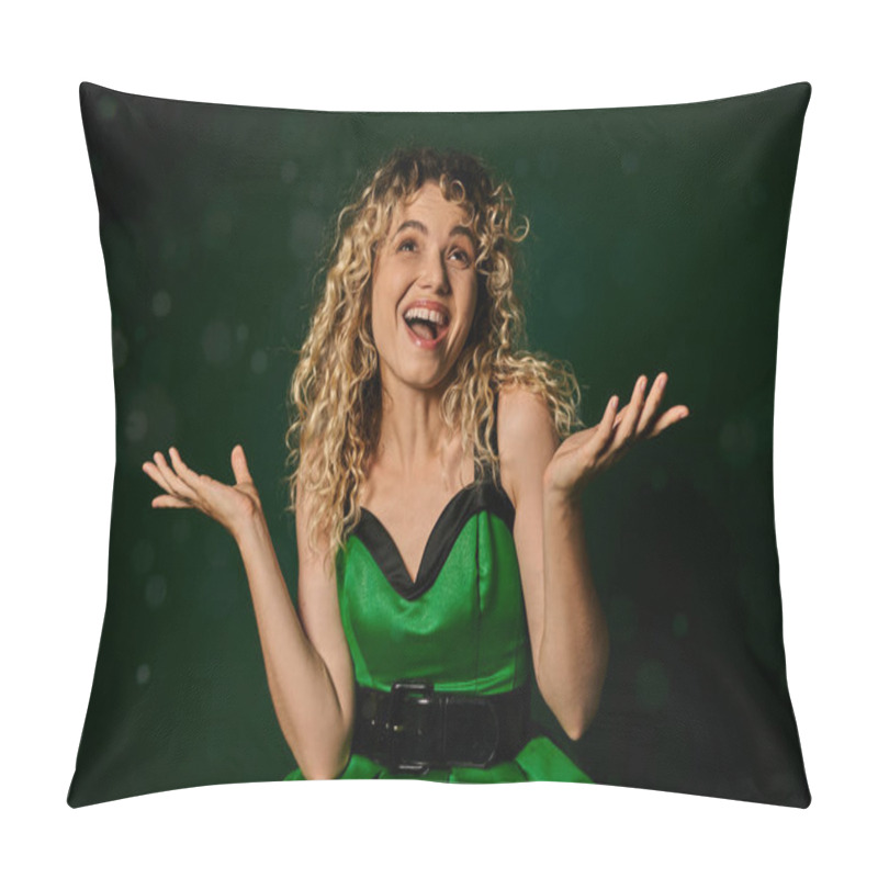 Personality  Cheerful Woman In New Year Elf Costume Looking At Snow And Catching Snowflakes On Green Background Pillow Covers