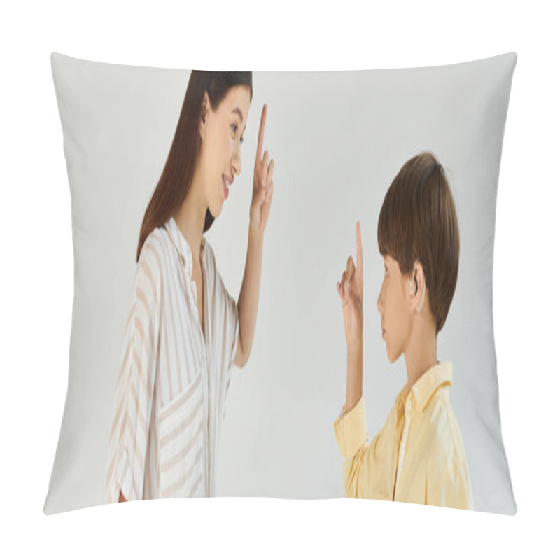 Personality  A Mother And Her Son Share A Joyful Interaction While Practicing Communication. Pillow Covers