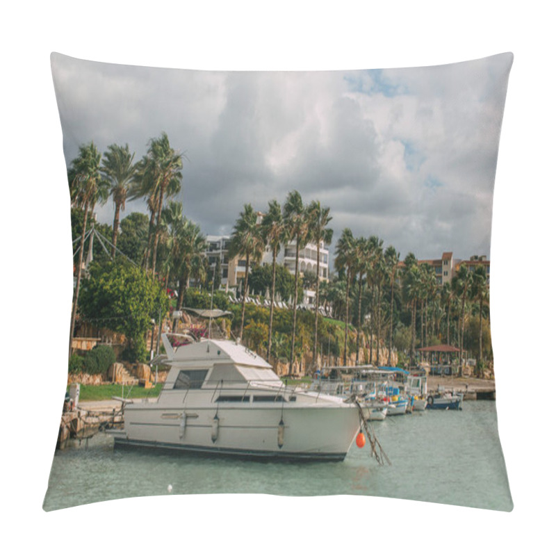 Personality  Palm Trees Near Modern Yachts In Mediterranean Sea Pillow Covers