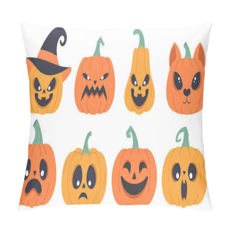 Personality  Set Of Pumpkins With Different Facial Expressions. Cute Hand Drawn Pumpkins For Halloween, Vector Illustration Pillow Covers