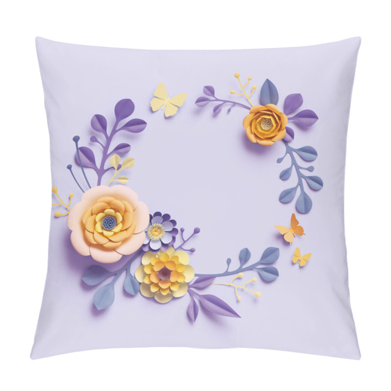 Personality  3d Render, Botanical Background, Round Floral Wreath, Violet Yellow Craft Paper Flowers, Festive Arrangement, Blank Space, Bright Candy Colors, Isolated Clip Art, Decorative Embellishment Pillow Covers