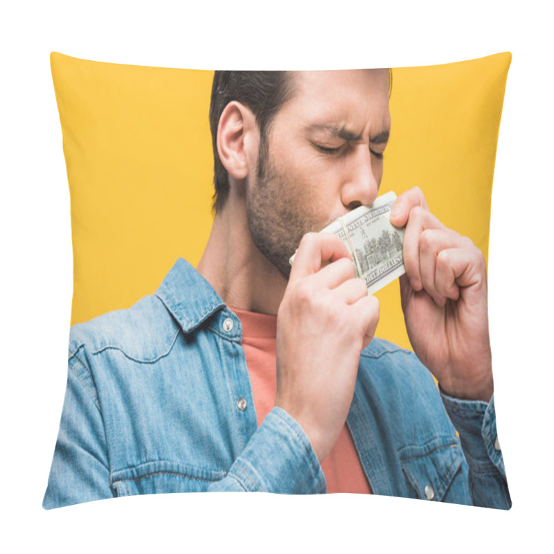 Personality  Handsome Man Kissing Dollar Banknotes Isolated On Yellow Pillow Covers