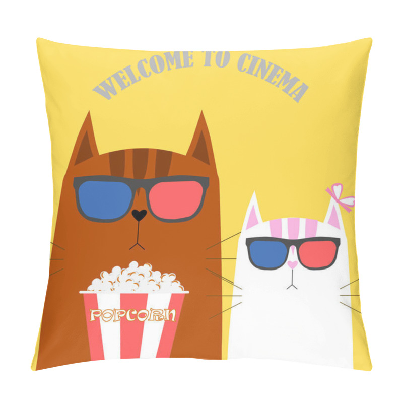 Personality  Cat In 3d Glasses With Box, Bowl Of Popcorn Isolated On Background. Cute Animal Character. Movies, Cinema Theater, Film Concept. Vector Flar Cartoon Design Pillow Covers