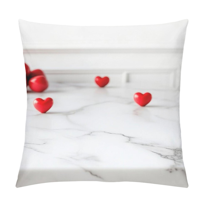 Personality  Three Red Hearts On A Marble Countertop With Apples In The Background. Pillow Covers