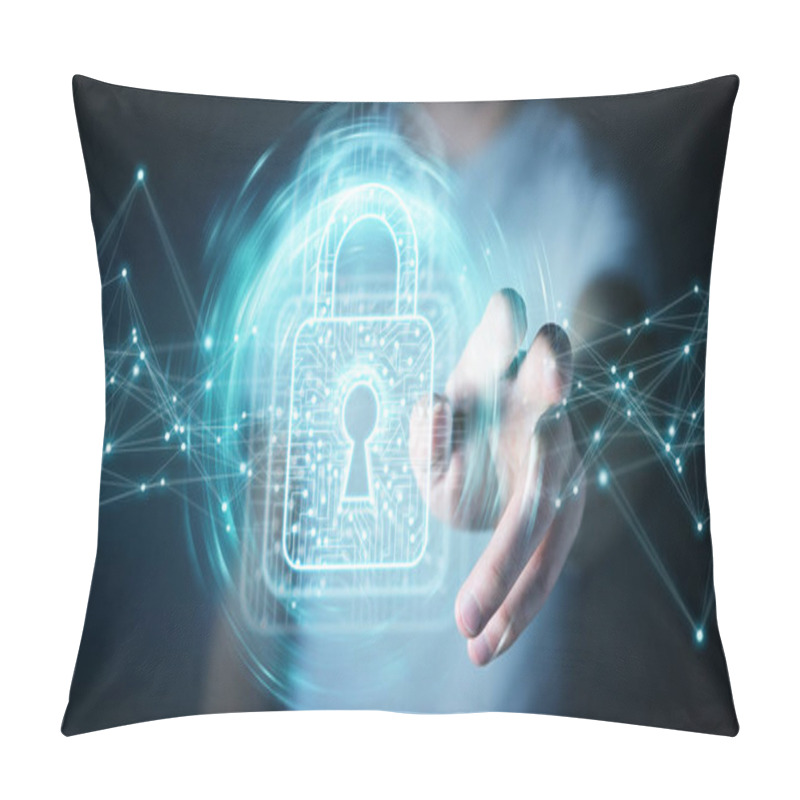 Personality  Businessman Using Digital Padlock With Data Protection 3D Render Pillow Covers