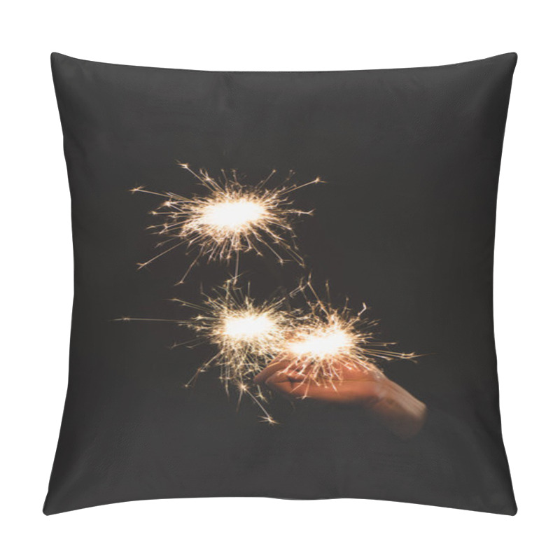 Personality  Partial View Of Woman Holding Burning Sparklers  In Hand Isolated On Black Pillow Covers