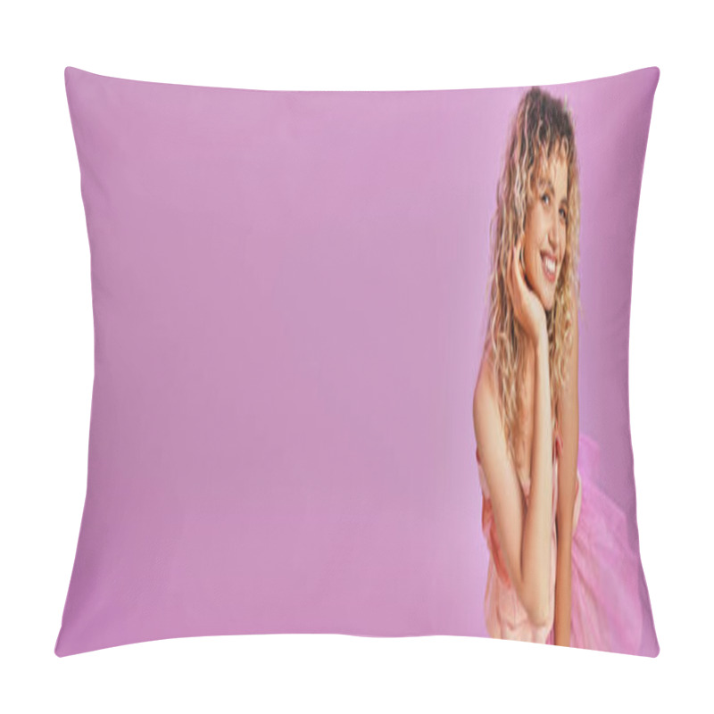 Personality  Joyous Lovely Woman In Pink Costume Smiling Sincerely At Camera With Hand Up To Face, Banner Pillow Covers