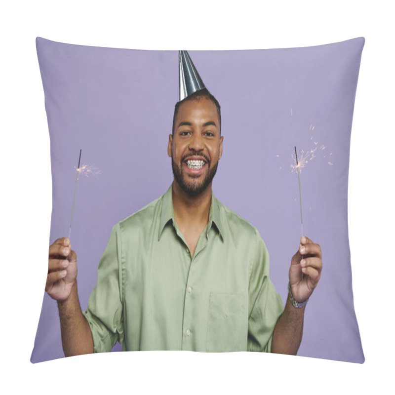 Personality  Young Black Man In Braces Smiling, Holding Two Sparklers With A Party Hat On A Purple Background. Pillow Covers