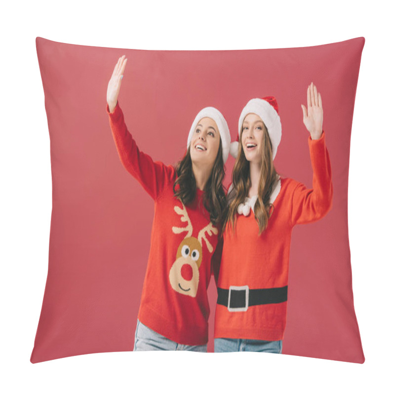 Personality  Attractive And Smiling Women In Sweaters And Santa Hats Waving Isolated On Red  Pillow Covers