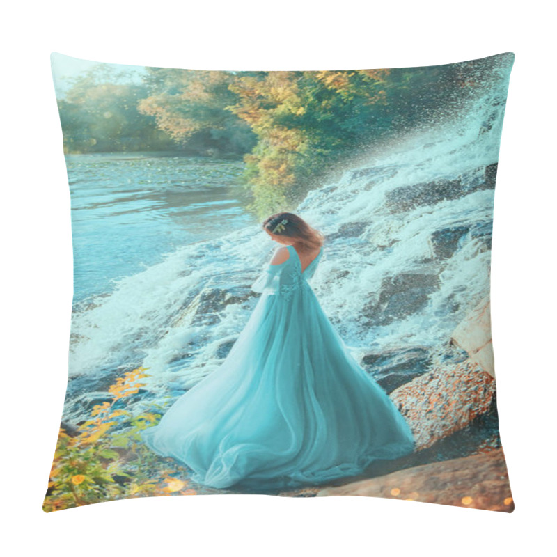 Personality  Elf Girl Turned Away Open Back Standing On Shore Lake. Stone Splash Water. Golden Summer Autumn. Red Hair Collected Decorated Flowers. Blue Turquoise Evening Long Lush Dress. Graduation Party Ball Art Pillow Covers