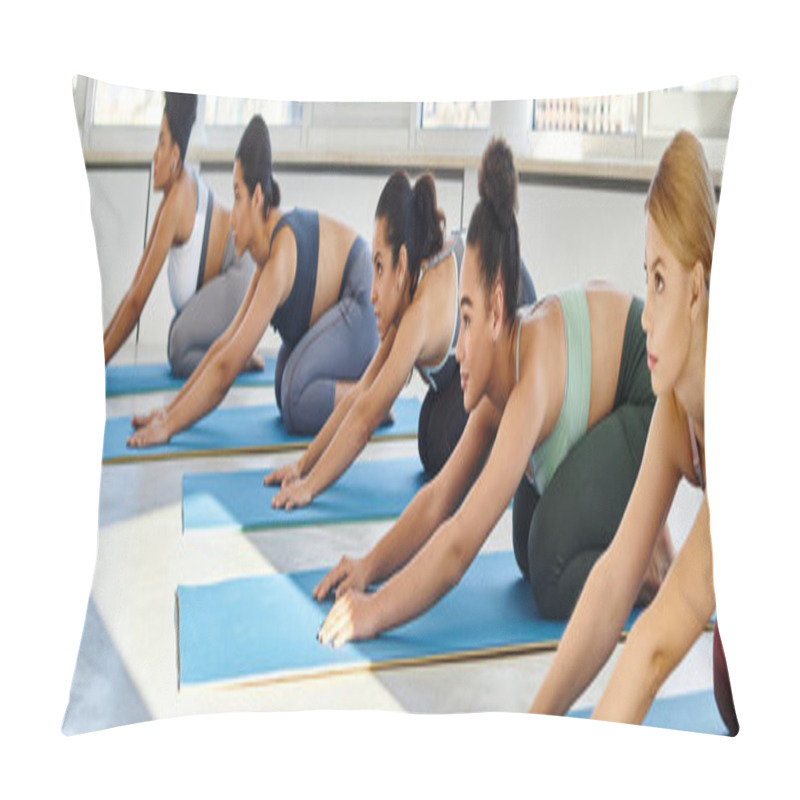 Personality  Group Of Five Multicultural Women In 20s Stretching Back While Practicing Yoga On Mats, Banner Pillow Covers