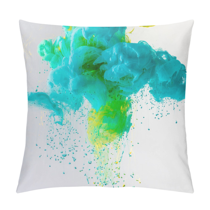 Personality  Design With Flowing Turquoise, Blue And Green Paint In Water With Drops, Isolated On Grey Pillow Covers