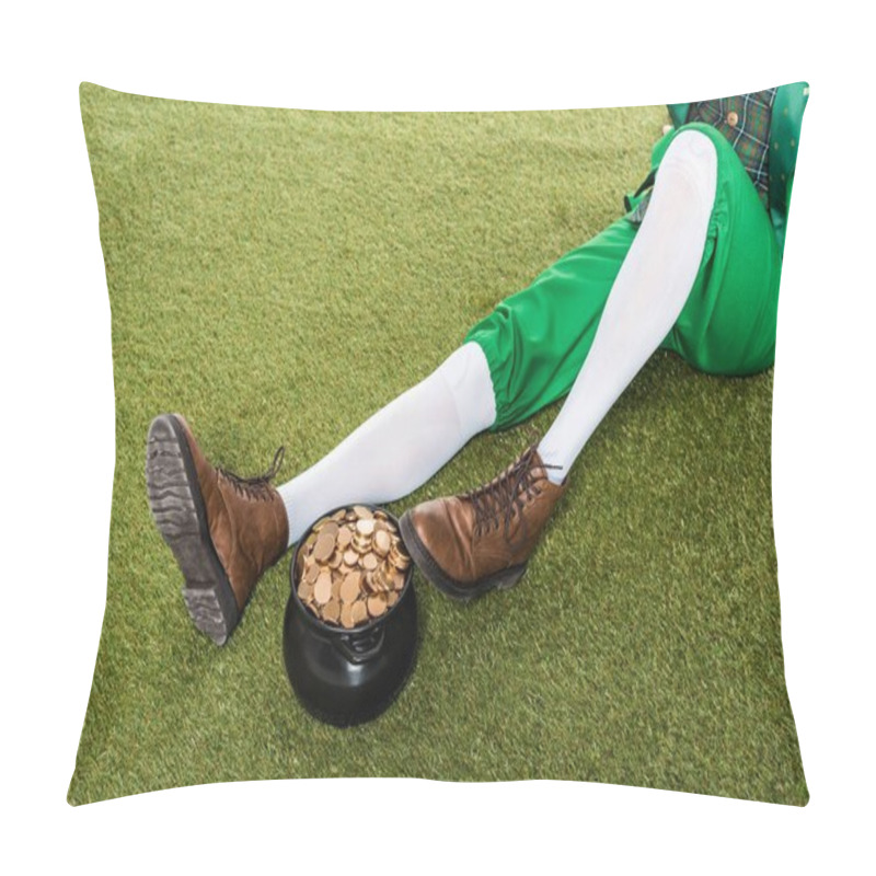 Personality  Cropped View Of Leprechaun With Pot Of Gold Sitting On Green Grass Pillow Covers