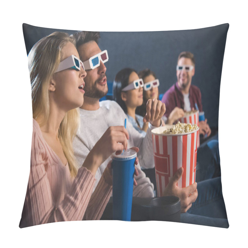 Personality  Multiethnic Friends In 3d Glasses With Popcorn Watching Film Together In Movie Theater Pillow Covers