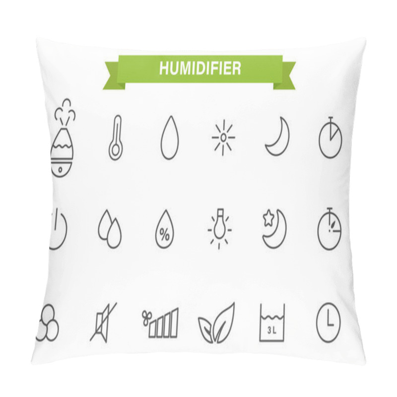 Personality  Icons Set On The Theme Of The Humidifier. Linear Style. Humidifier, Air Humidity, Timer, Temperature, Backlight,silent Mode, Night Mode, Capacity Size. Isolated On White Background.Vector Illustration Pillow Covers