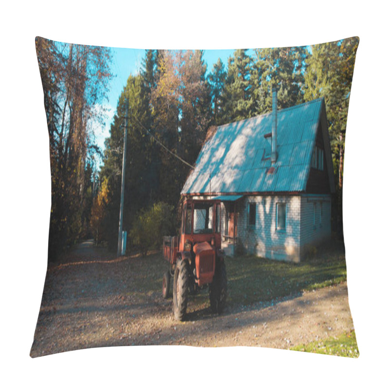 Personality  Old Red Tractor Near To Farmer House In Forest Pillow Covers