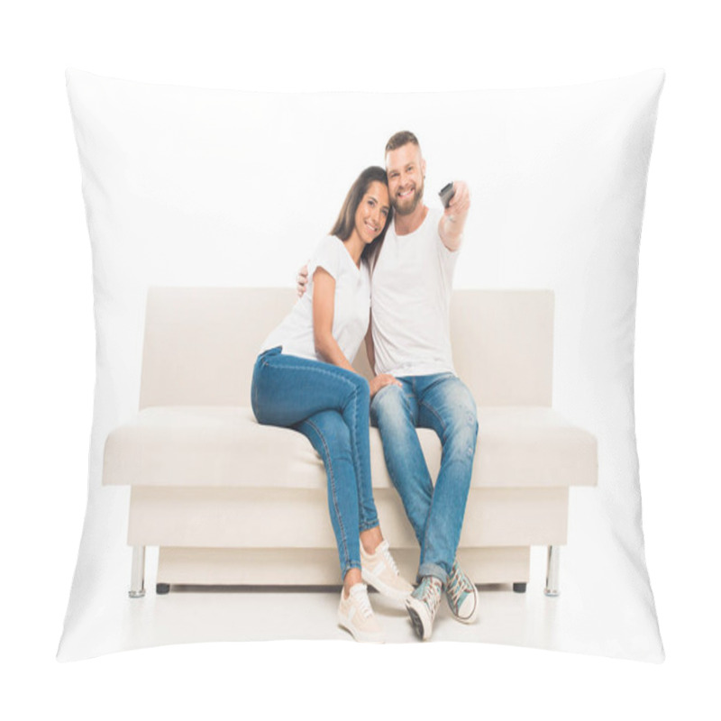 Personality  Young Couple Watching Tv Pillow Covers