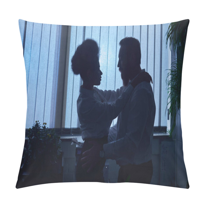 Personality  Dark Silhouettes Of Multiethnic Couple Embracing In Office At Night, Romantic Encounter At Work Pillow Covers