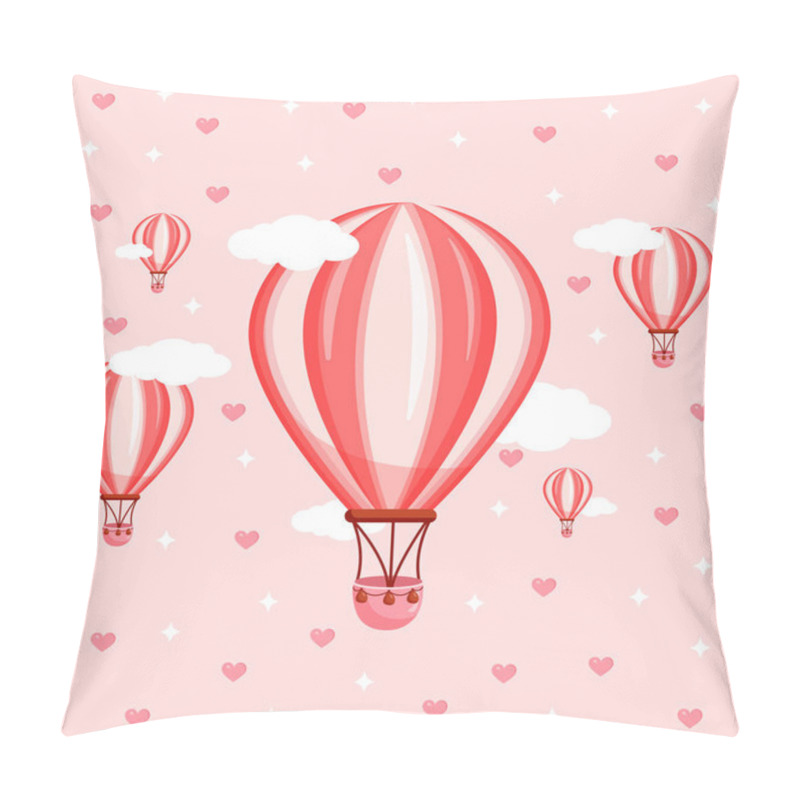 Personality  Vector Illustration Of Pink Balloons On The Background Of Clouds, Hearts And Sky For Valentines Day For Postcard, Textiles, Decor, Poster. Greeting Card. Pillow Covers