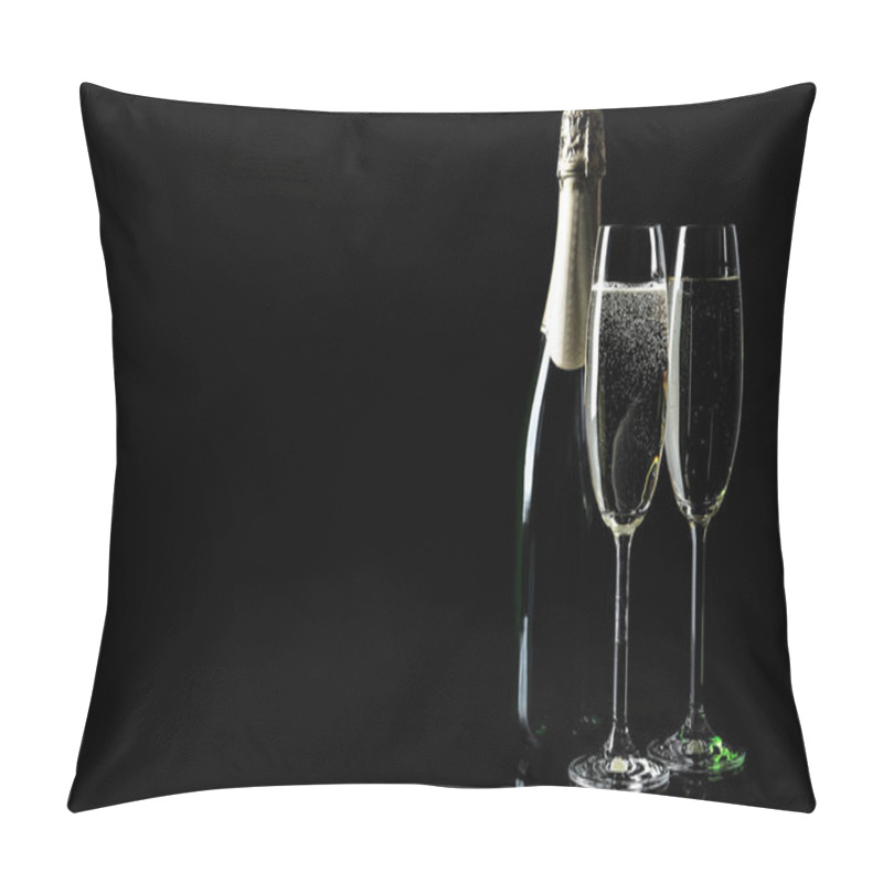 Personality  Bottle And Glasses Of Champagne On Black Background, Space For Text Pillow Covers