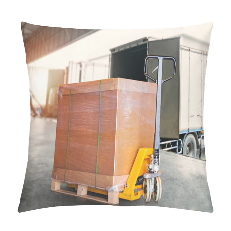 Personality  Packaging Boxes Wrapped Plastic On Pallet With Hand Pallet Jack. Trucks Loading Dock Warehouse. Distribution Center. Cargo Shipment. Supplies Warehouse. Shipping Trucks Logistics. Pillow Covers