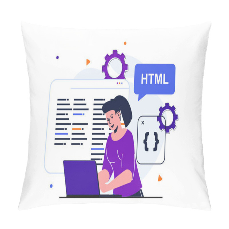 Personality  Programmer Working Modern Flat Concept For Web Banner Design. Woman Developer Programs In Html, Tests Code, Works On Laptop In Office Of IT Company. Vector Illustration With Isolated People Scene Pillow Covers