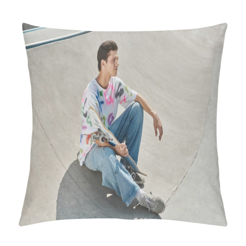 Personality  A Young Skater Boy Showcases His Skills, Sitting On A Skateboard In A Vibrant Skate Park. Pillow Covers