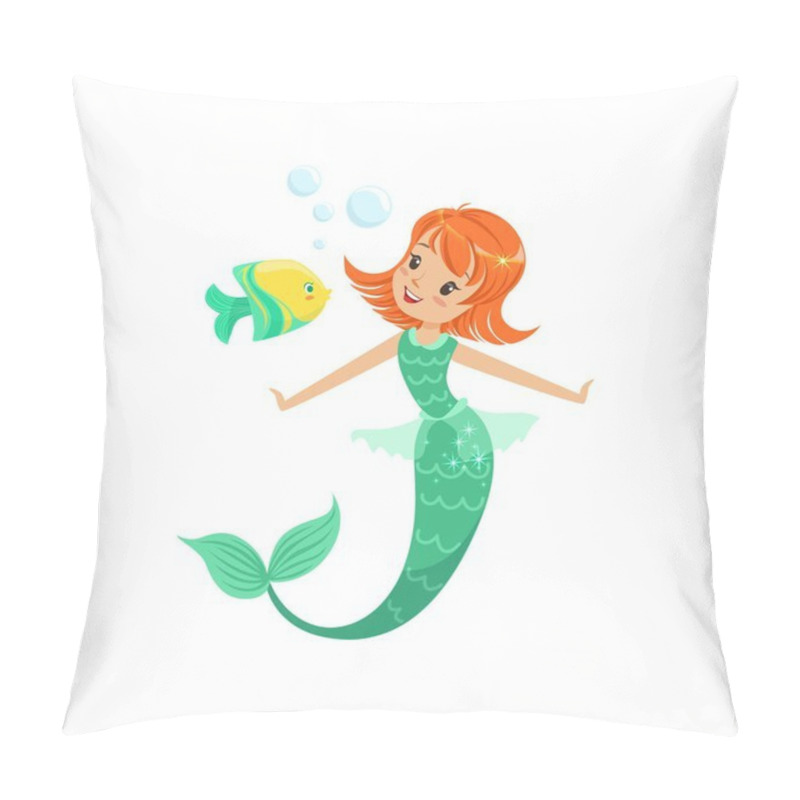 Personality  Smiling Mermaid Swimming Underwater With Little Fish. Fairytale Red-haired Marine Princess With Tail. Isolated Flat Vector Illustration Pillow Covers