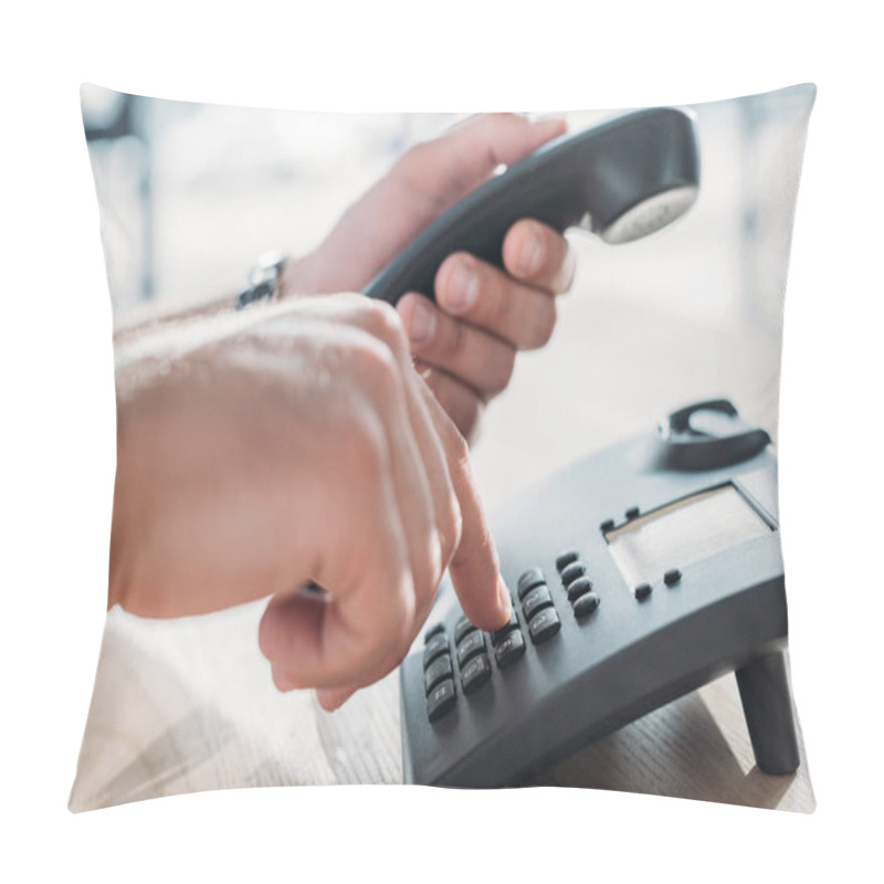 Personality  Cropped Shot Of Man Making Dialing Stationary Phone To Make Call Pillow Covers