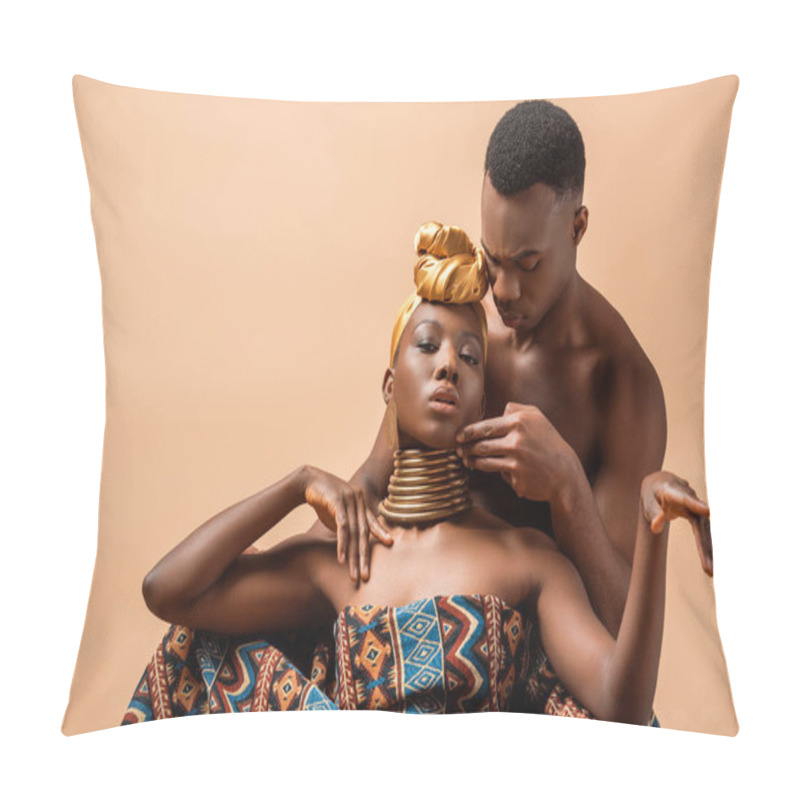 Personality  Sexy Naked Tribal Afro Woman Covered In Blanket Posing Near Man Isolated On Beige Pillow Covers