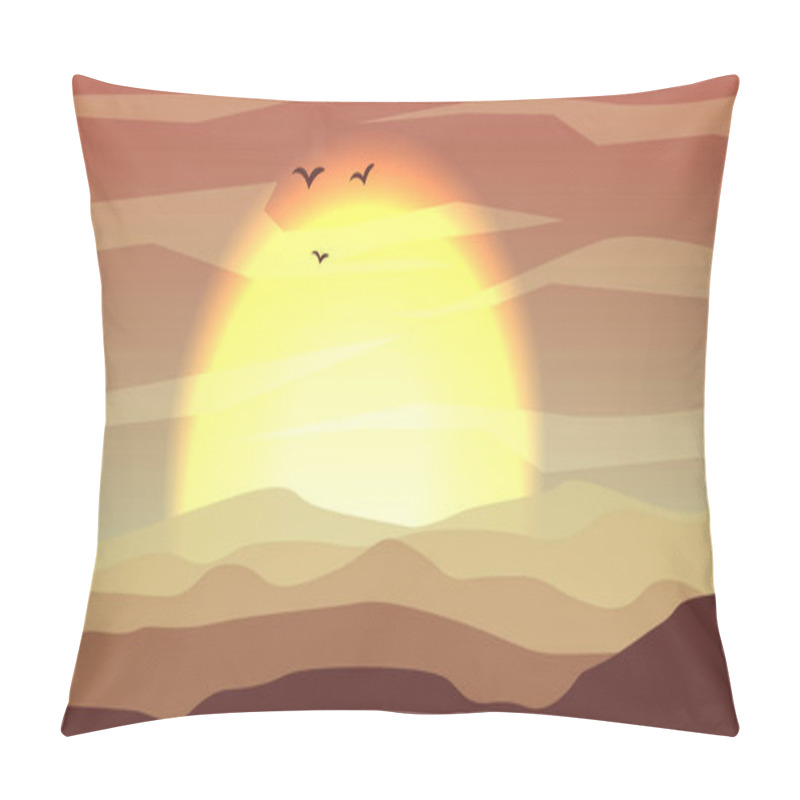 Personality  Hot Yellow And Orange Desert Panoramic Landscape With Dunes And Sunset, Sundown In Gold Yellow Colors. Calm Desert Background, Dune And Hills. Game Deserts Scene With Big Sun, Birds And Clouds Pillow Covers