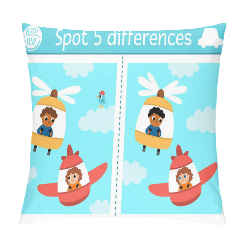 Personality  Find Differences Game For Children. Transportation Educational Activity With Plane And Helicopter With Pilots Flying In The Sky. Cute Puzzle For Kids With Funny Transport. Printable Workshee Pillow Covers