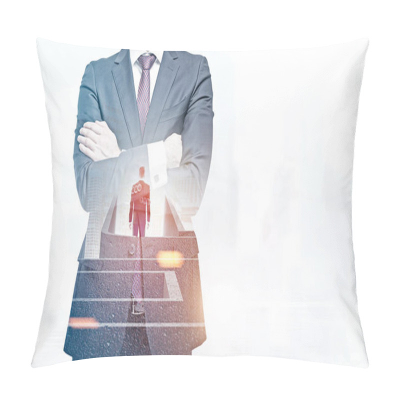 Personality  Crossed Arms Businessman In Checkered Tie Standing Over Blurred City Background. Businessman Lost In Maze Double Exposure. Wrong Decision Taking Concept. Toned Image Mock Up Pillow Covers