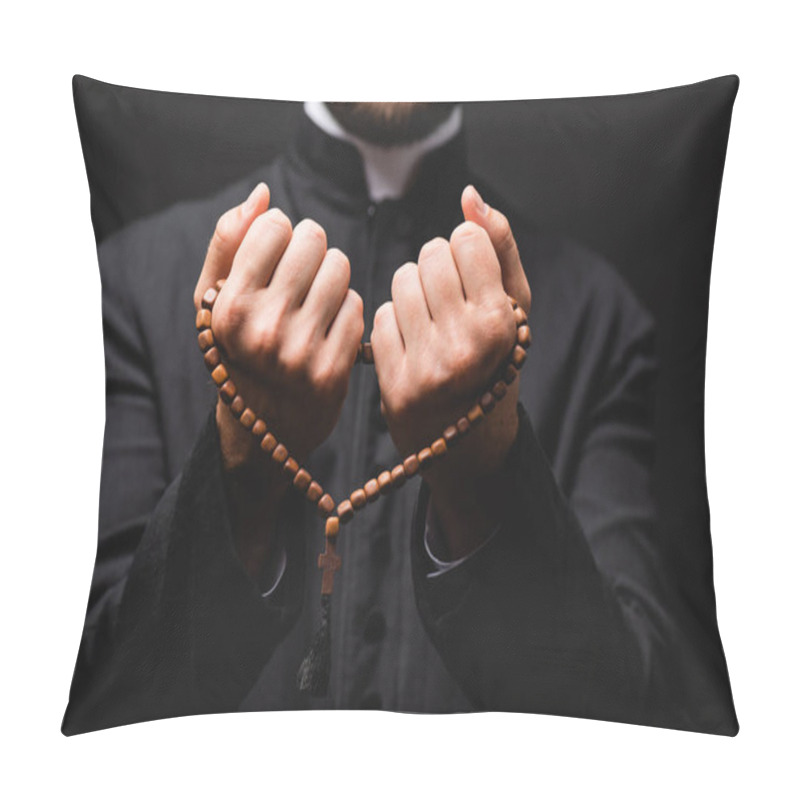 Personality  Selective Focus Of Pastor Holding Rosary Beads In Hands And Praying Isolated On Black  Pillow Covers