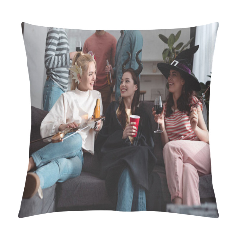 Personality  Cropped View Of Men Standing Near Cheerful Girls In Fairy Costumes Drinking Beverages On Sofa Pillow Covers