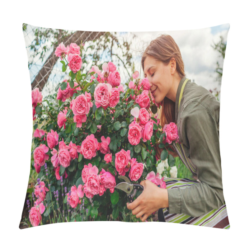 Personality  Young Woman Smelling Leonardo Da Vinci Rose Pink Flowers In Summer Garden. Happy Gardener Holding Pruner To Cut Blooming Stems. Meilland Selection. Pillow Covers