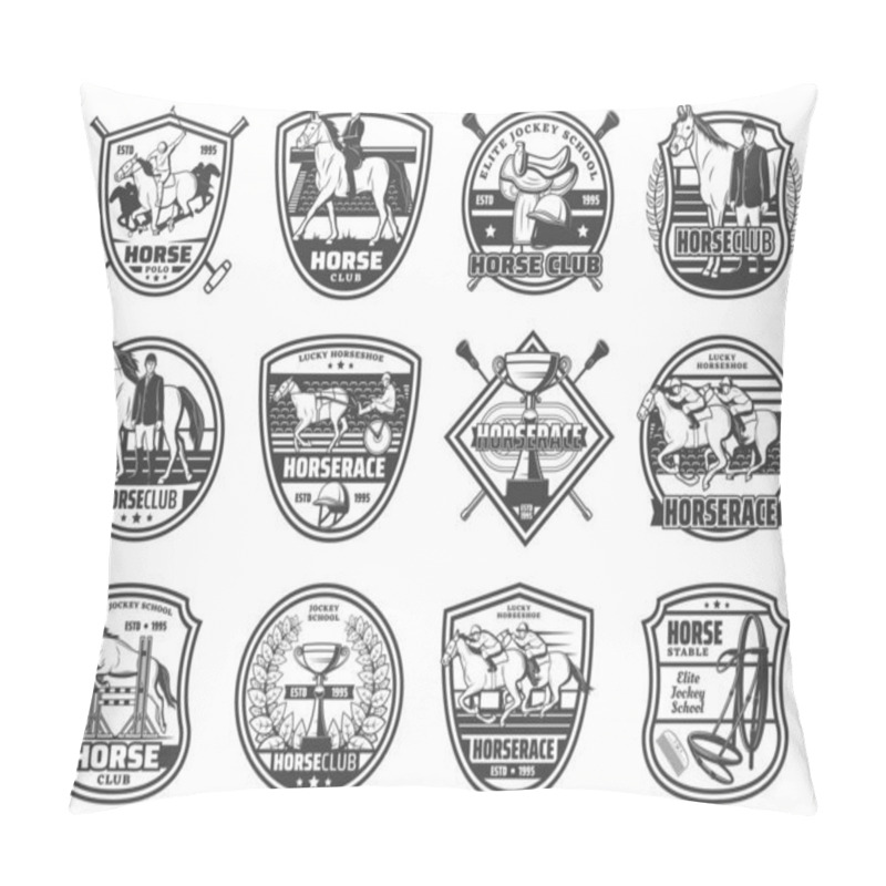 Personality  Equestrian Sport, Horse Races And Polo Club, Vector Badges And Emblems. Equine Racing And Jockey Rider Equipment, Harness And Saddle, Whip And Championship Victory Cup Pillow Covers