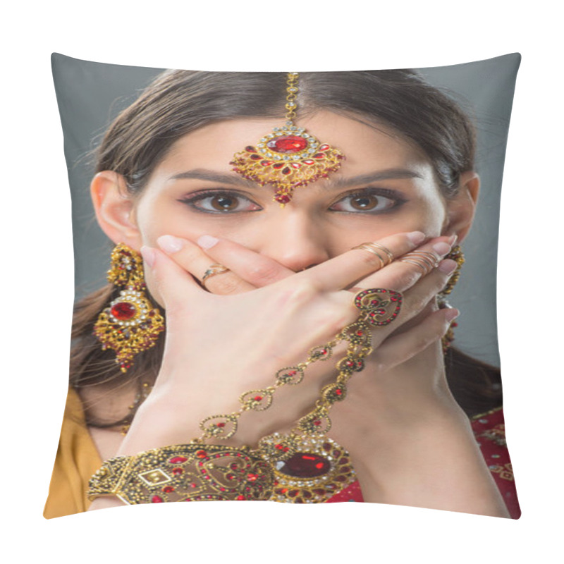 Personality  Shocked Indian Girl Closing Mouth With Hands, Isolated On Grey  Pillow Covers