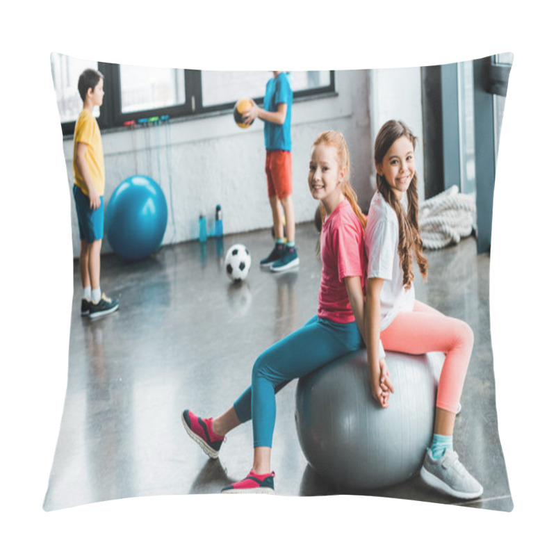 Personality  Laughing Preteen Friends Sitting On Fitness Ball Pillow Covers