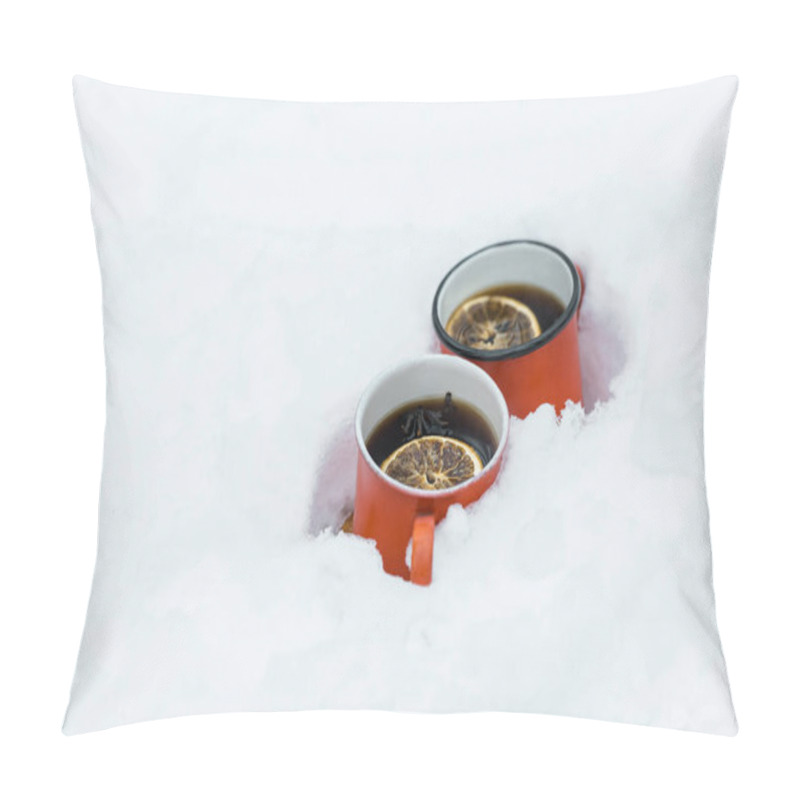 Personality  Two Red Cups Of Tea With Lemons Slice Standing In Snowy Forest Pillow Covers