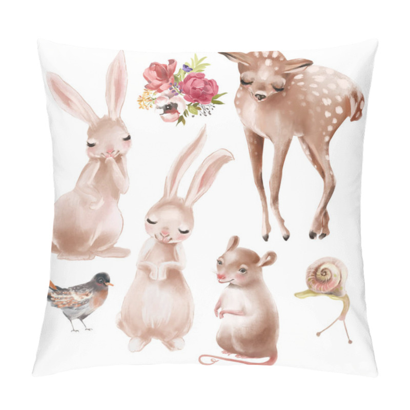 Personality  Set Of Cute Woodland Animals - Deer, Bunnies, Bird, Snail, Mouse And Floral Bouquet Pillow Covers