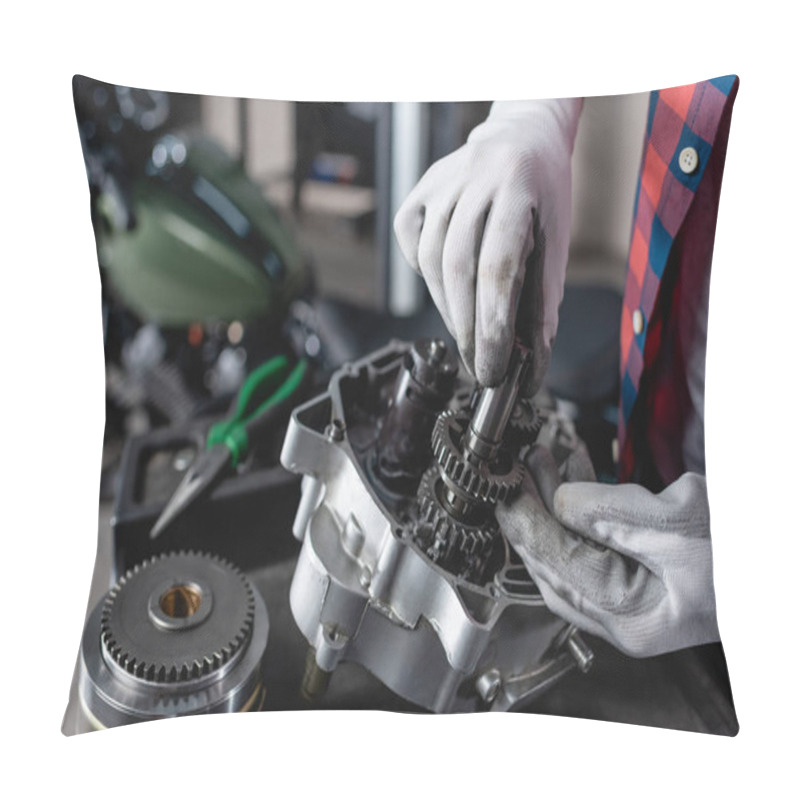 Personality  Partial View Of Technician In Gloves Examining Disassembled Motorbike Gearbox Pillow Covers