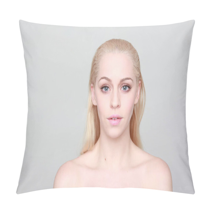 Personality  Close Up Portrait Of Blonde Woman With Clean Skin And Blue Eyes.  Great Studio Background. Pillow Covers